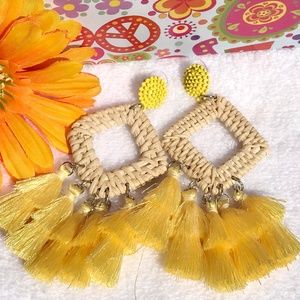 New! Large Yellow Boho Tassel Post Earrings Rattan